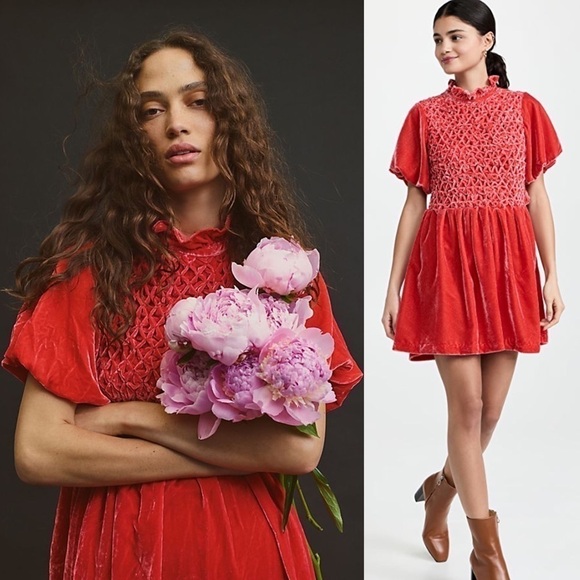 NEW FREE PEOPLE Mini Dress Smocked Ruffle Puff Sleeve Open Back Fall Wedding XS - Picture 4 of 14